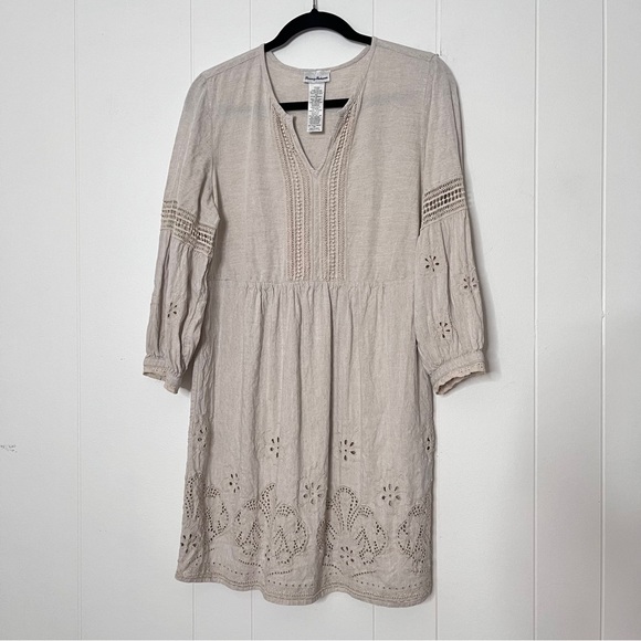 Tommy Bahama Dresses & Skirts - Tommy Bahama St. Lucia Linen Tan Eyelet Mini Dress Coastal Balloon Sleeve Size S